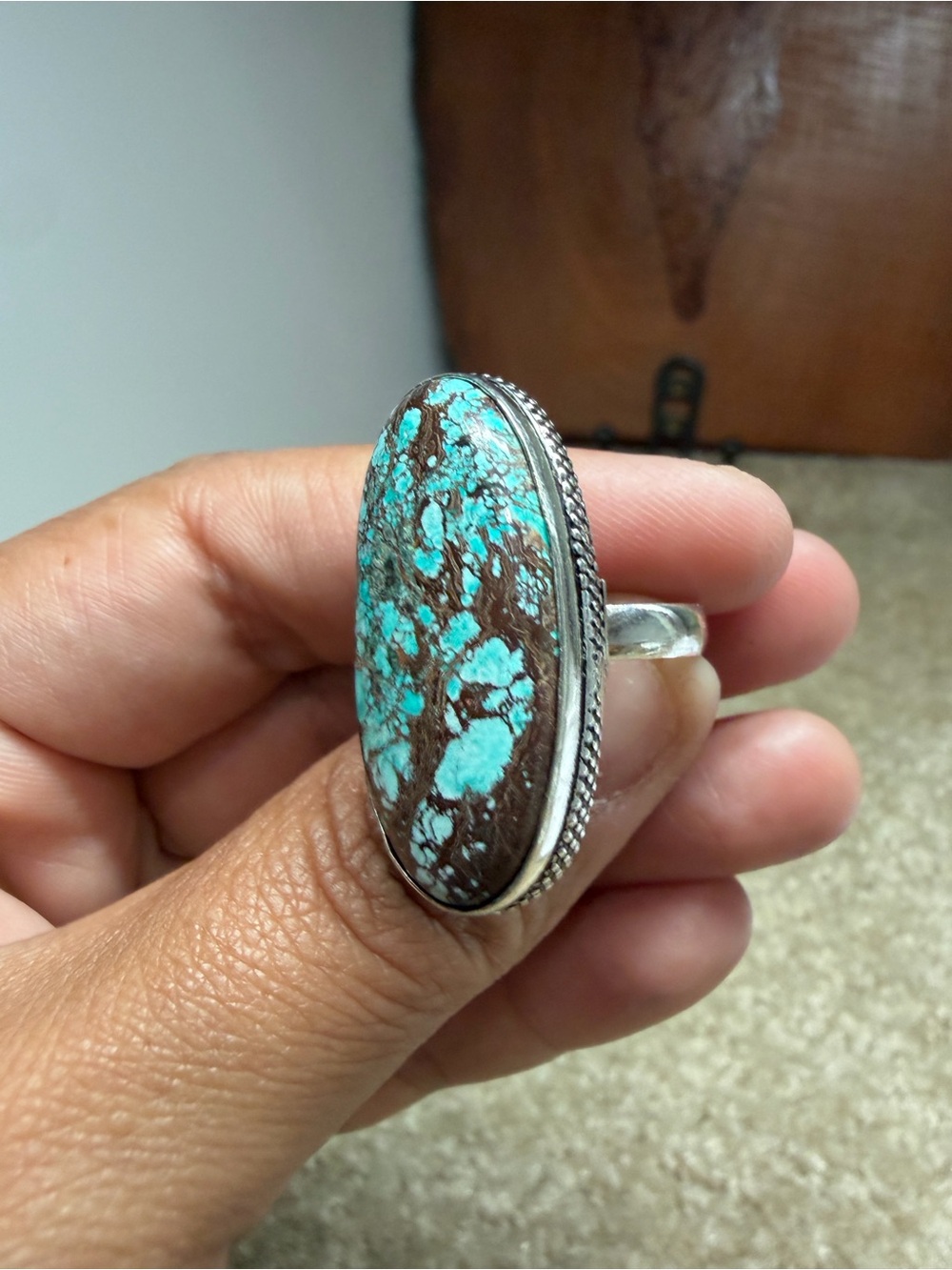Turquoise and Brown Oval Stone Ring - Unbranded Sterling Style